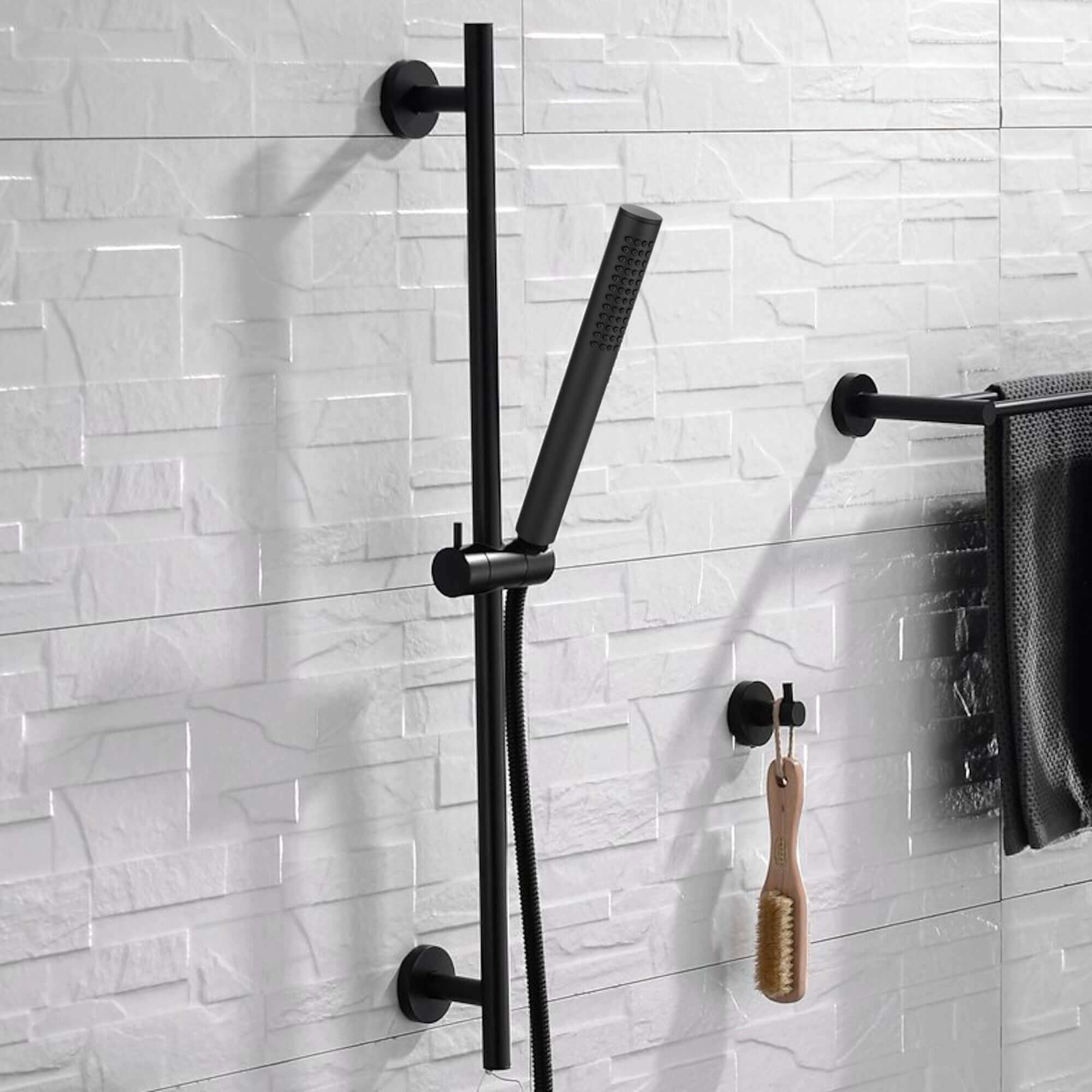Buy Contemporary Shower Slider Riser Rail Kit With Pencil Shower Head, Hose and Wall Elbow - Matt Black Online UK | HOUSE OF ENKI